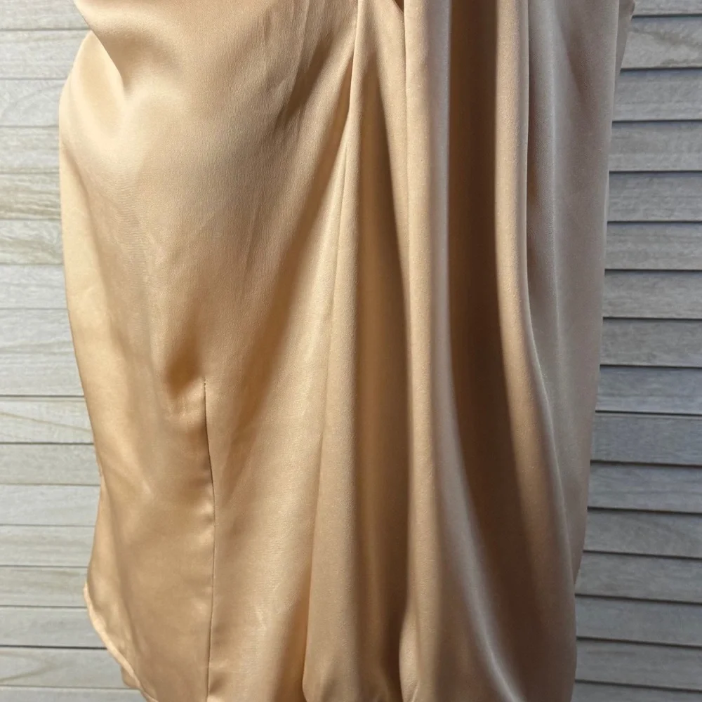 Astr Gold Satin Blouse Size Large Elegant Cowl Neck Puff Sleeve Top Luxe